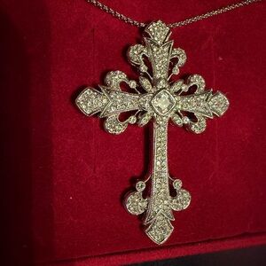 Silver Crystal Fleur Cross Pendant Necklace